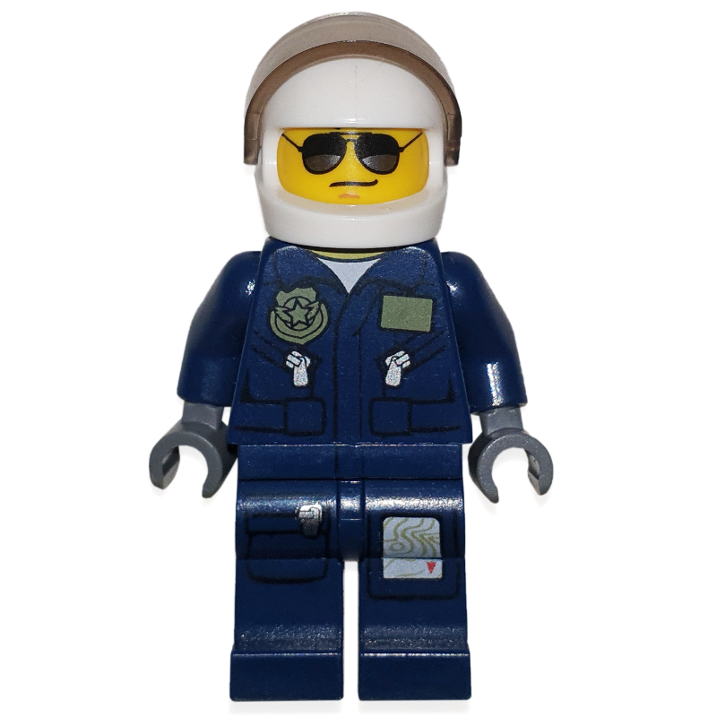 Policier, veste bleu foncé avec poches et badge, casque blanc avec visière, lunettes de soleil (Policeman, Dark Blue Jacket with Pockets and Badge, White Helmet with Visor, Sunglasses)