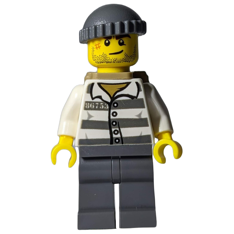 Bandit, chemise de prison avec #86753, jambes gris bleuté foncé, chapeau gris bleuté foncé, sac à dos beige foncé, barbe naissante (Criminal, Prison Shirt with #86753, Dark Bluish Gray Legs, Dark Bluish Gray Hat, Dark Tan Backpack, Stubble)