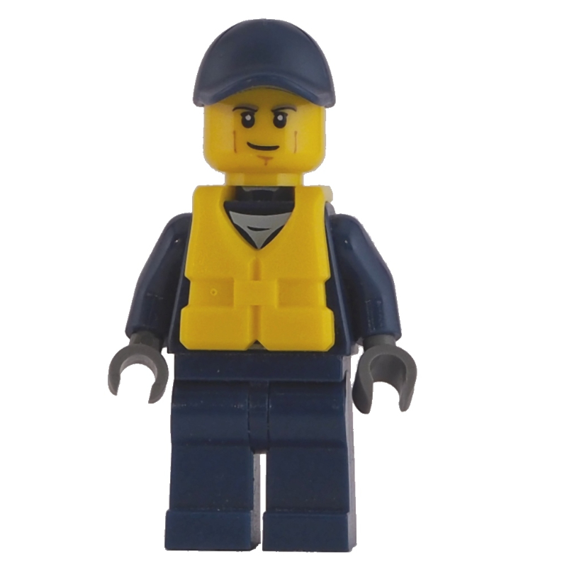 Policier, veste bleu foncé avec fermeture éclair, badge et 'POLICE' au dos, casquette bleu foncé, gilet de sauvetage jaune (Policeman, Dark Blue Jacket with Zipper, Badge, and 'POLICE' on Back, Dark Blue Cap, Yellow Life Vest)