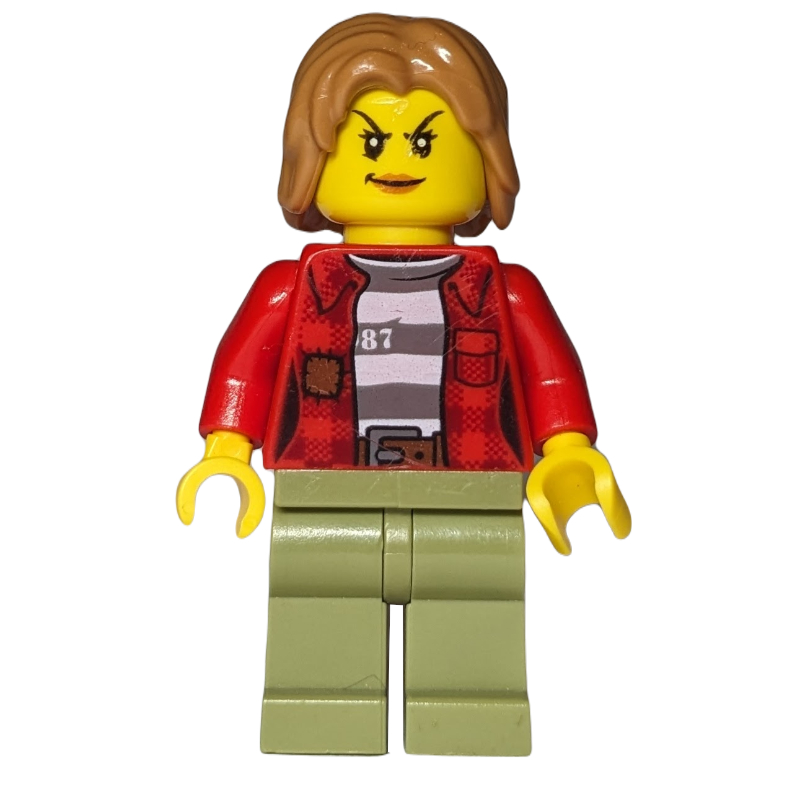 Bandit, femme, chemise ouverte de flanelle rouge sur la chemise de prison, cheveux nougat moyen (Criminal, Woman, Open Red Flannel Shirt over Prison Shirt, Medium Nougat Hair)
