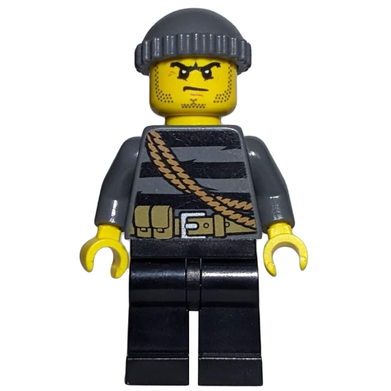 Bandit, haut rayé noir avec corde, chapeau gris bleuté foncé, barbe naissante (Criminal, Black Striped Top with Rope, Dark Bluish Gray Hat, Stubble)