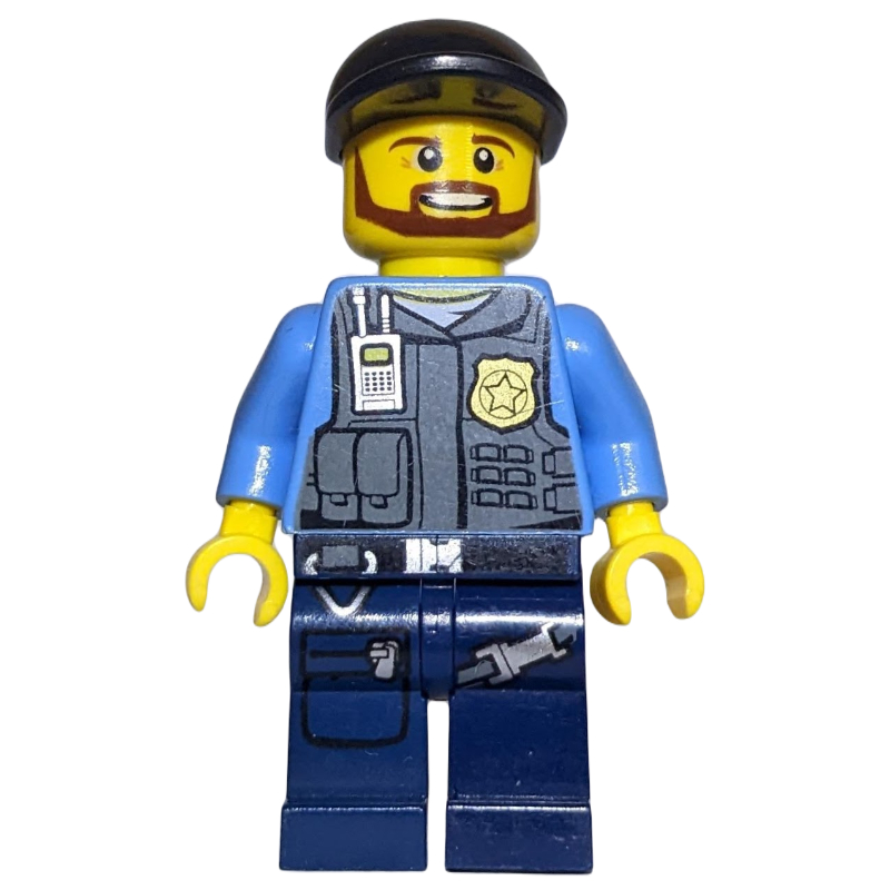 Policier, gilet gris bleuté foncé avec radio, badge et pochettes sur chemise bleu moyen, casquette noire, barbe (Policeman, Dark Bluish Gray Vest with Radio, Badge and Pouches over Medium Blue Shirt, Black Cap, Beard)