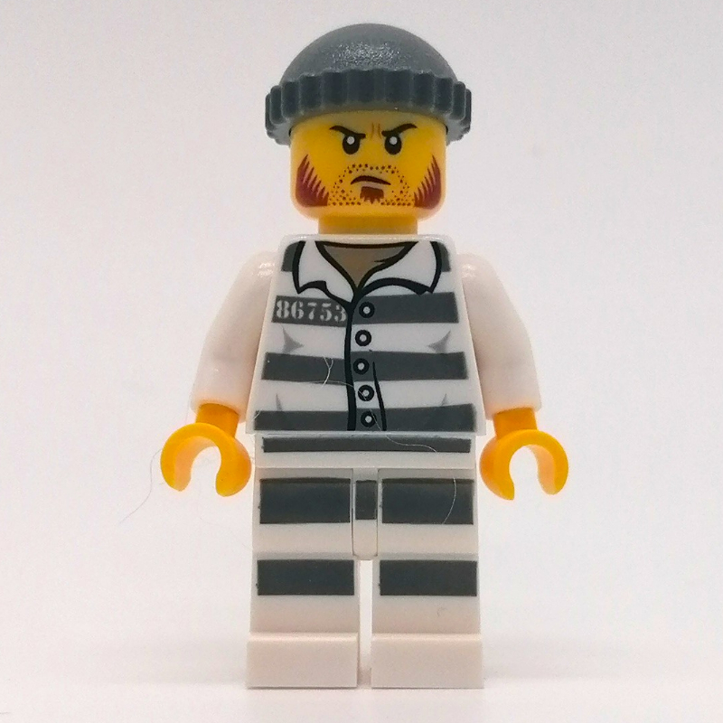 Bandit, chemise de prison avec #86753, jambes noires, chapeau gris bleuté foncé, barbe naissante et favoris épais (Criminal, Prison Shirt with #86753, Black Legs, Dark Bluish Gray Hat, Stubble and Mutton Chops)