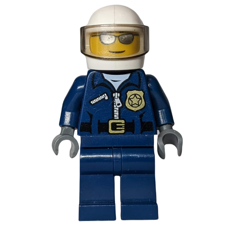 Policier, veste bleu foncé avec fermeture éclair, badge et 'POLICE' au dos, casque blanc avec visière, lunettes de soleil argentées (Policeman, Dark Blue Jacket with Zipper, Badge, and 'POLICE' on Back, White Helmet with Visor, Silver Sunglasses)