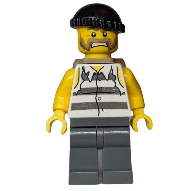 Bandit, déchiré la chemise de prison, jambes gris bleuté foncé, chapeau noir, barbe de sac à dos de beige foncé (Criminal, Torn Prison Shirt, Dark Bluish Gray Legs, Black Hat, Dark Tan Backpack Beard)