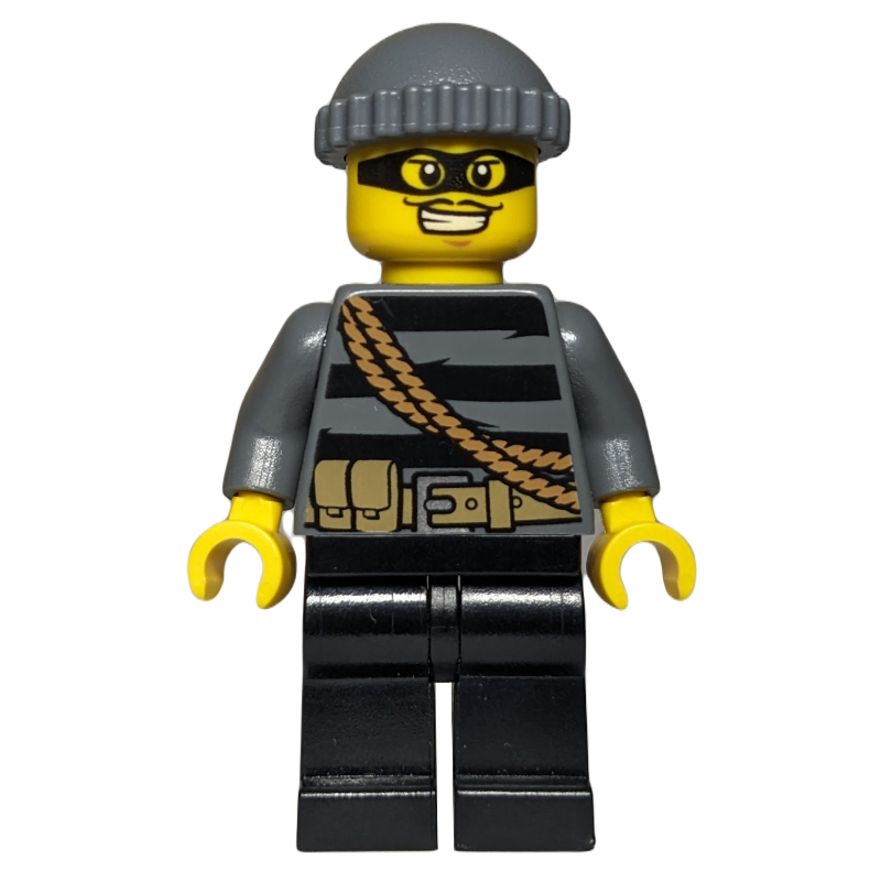 Bandit, haut rayé noir avec corde, chapeau gris bleuté foncé, masque oculaire noir (Criminal, Black Striped Top with Rope, Dark Bluish Gray Hat, Black Eyemask)