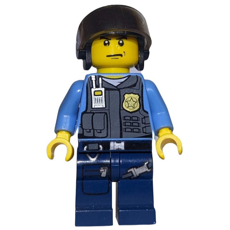 Policier, gilet gris bleuté foncé avec radio, badge et pochettes sur chemise bleu moyen, chapeau noir avec visière (Policeman, Dark Bluish Gray Vest with Radio, Badge and Pouches over Medium Blue Shirt, Black Hat with Visor)