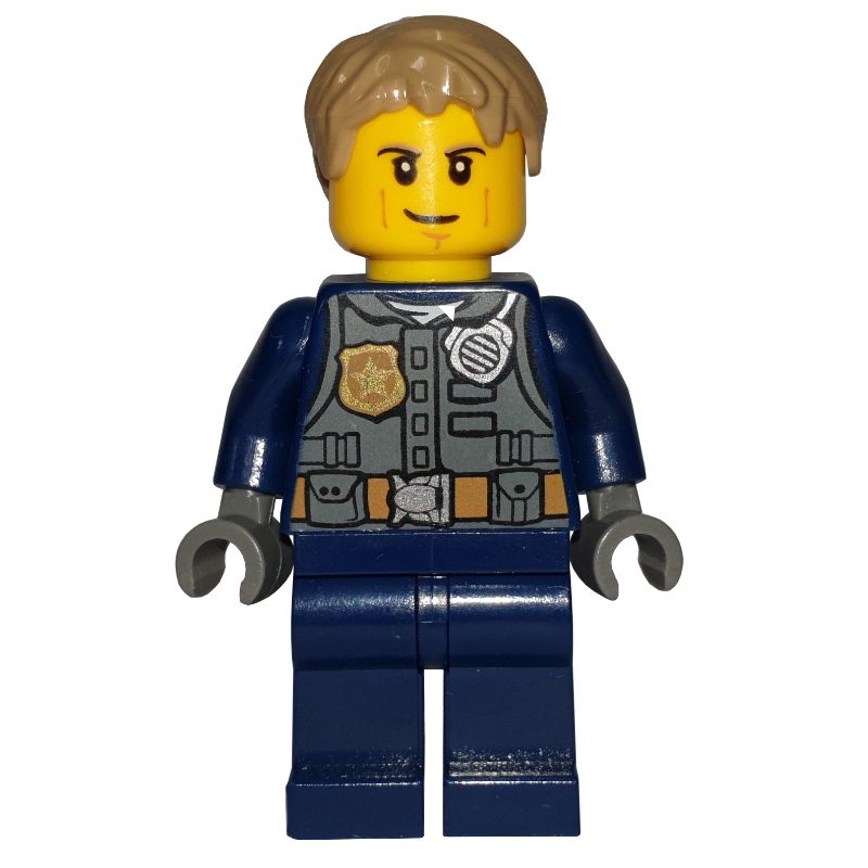 Chase mccain, gilet gris bleuté foncé avec radio, badge et pochettes sur chemise bleu foncé (Chase McCain, Dark Bluish Gray Vest with Radio, Badge and Pouches over Dark Blue Shirt)