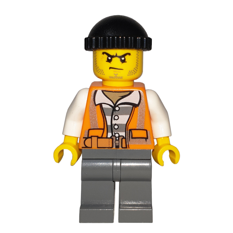 Bandit, gilet de sécurité orange ouvert sur la chemise de prison, chapeau noir, barbe naissante (Criminal, Open Orange Safety Vest Over Prison Shirt, Black Hat, Stubble)