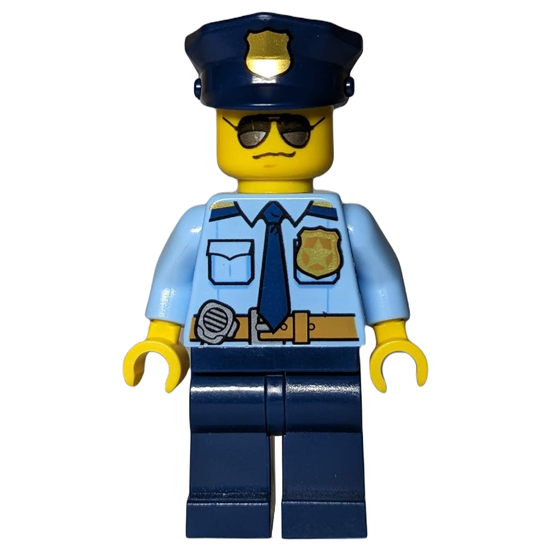 Policier, chemise bleu clair vif avec cravate bleu foncé, badge et radio à la ceinture, chapeau de police bleu foncé avec badge, lunettes de soleil (Policeman, Bright Light Blue Shirt with Dark Blue Tie, Badge, and Radio on Belt, Dark Blue Police Hat with Badge, Sunglasses)