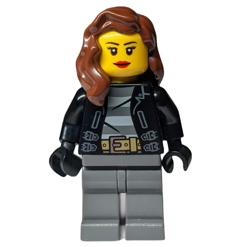 Bandit, femme, veste noire ouverte sur la chemise de prison, cheveux brun rougeâtre (Criminal, Woman, Open Black Jacket over Prison Shirt, Reddish Brown Hair)