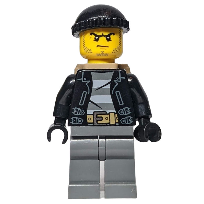 Bandit, veste noire ouverte sur la chemise de prison, jambes gris bleuté foncé, chapeau noir, beige foncé, barbe naissante (Criminal, Open Black Jacket over Prison Shirt, Dark Bluish Grey Legs, Black Hat, Dark Tan, Stubble)
