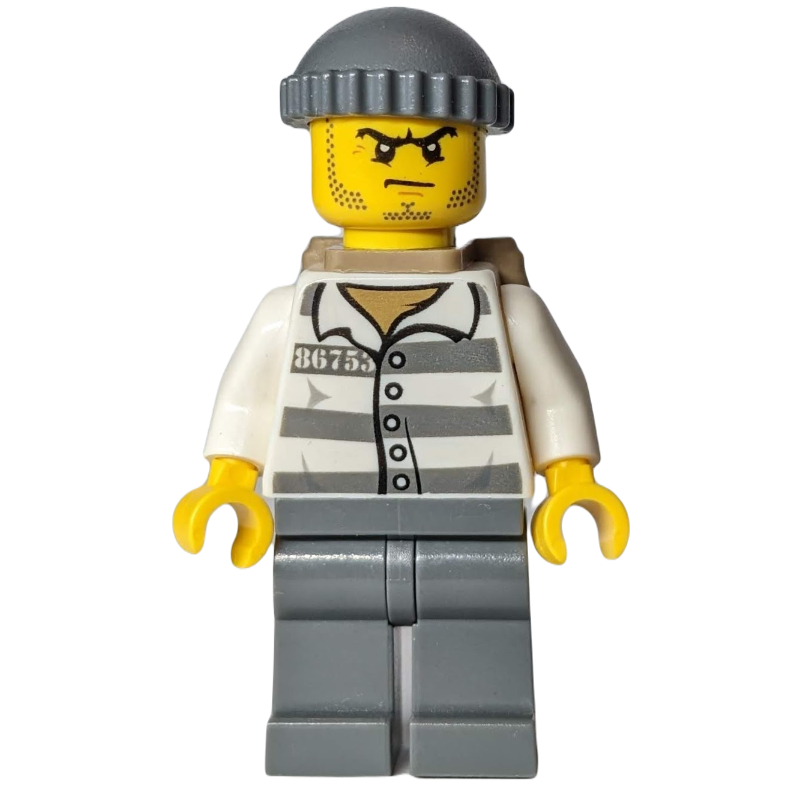 Bandit, chemise de prison avec #86753, jambes gris bleuté foncé, chapeau gris bleuté foncé, sac à dos beige foncé (Criminal, Prison Shirt with #86753, Dark Bluish Gray Legs, Dark Bluish Gray Hat, Dark Tan Backpack)