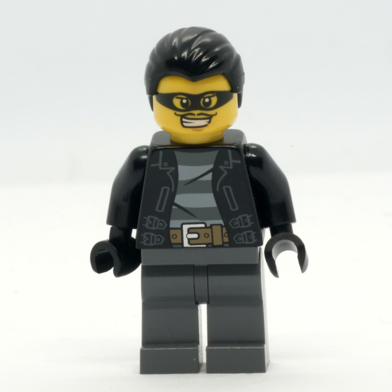 Bandit, veste noire ouverte sur la chemise de prison, jambes gris bleuté foncé, cheveux noirs, masque pour les yeux noir (Criminal, Open Black Jacket over Prison Shirt, Dark Bluish Grey Legs, Black Hair, Black Eyemask)