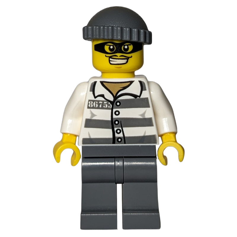 Bandit, chemise de prison avec #86753, jambes gris bleuté foncé, chapeau gris bleuté foncé, masque oculaire noir (Criminal, Prison Shirt with #86753, Dark Bluish Gray Legs, Dark Bluish Gray Hat, Black Eyemask)