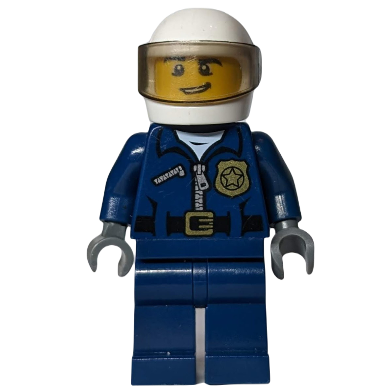 Policier, veste bleu foncé avec fermeture éclair, badge et 'POLICE' au dos, casque blanc avec visière, bouche ouverte (Policeman, Dark Blue Jacket with Zipper, Badge, and 'POLICE' on Back, White Helmet with Visor, Open Mouth)