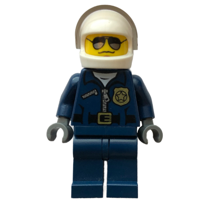 Policier, veste bleu foncé avec fermeture éclair, badge et 'POLICE' au dos, casque blanc avec visière, lunettes de soleil (Policeman, Dark Blue Jacket with Zipper, Badge, and 'POLICE' on Back, White Helmet with Visor, Sunglasses)