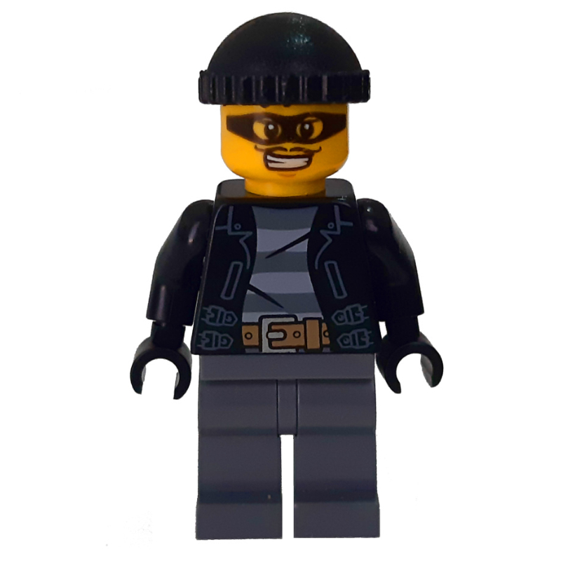 Bandit, veste noire ouverte sur la chemise de prison, jambes gris bleuté foncé, chapeau noir, masque oculaire noir (Criminal, Open Black Jacket over Prison Shirt, Dark Bluish Grey Legs, Black Hat, Black Eyemask)