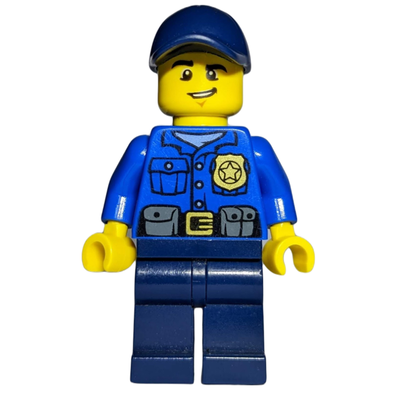 Policier, chemise bleue avec badge et pochettes, jambes bleu foncé, casquette bleu foncé (Policeman, Blue Shirt with Badge and Pouches, Dark Blue Legs, Dark Blue Cap)