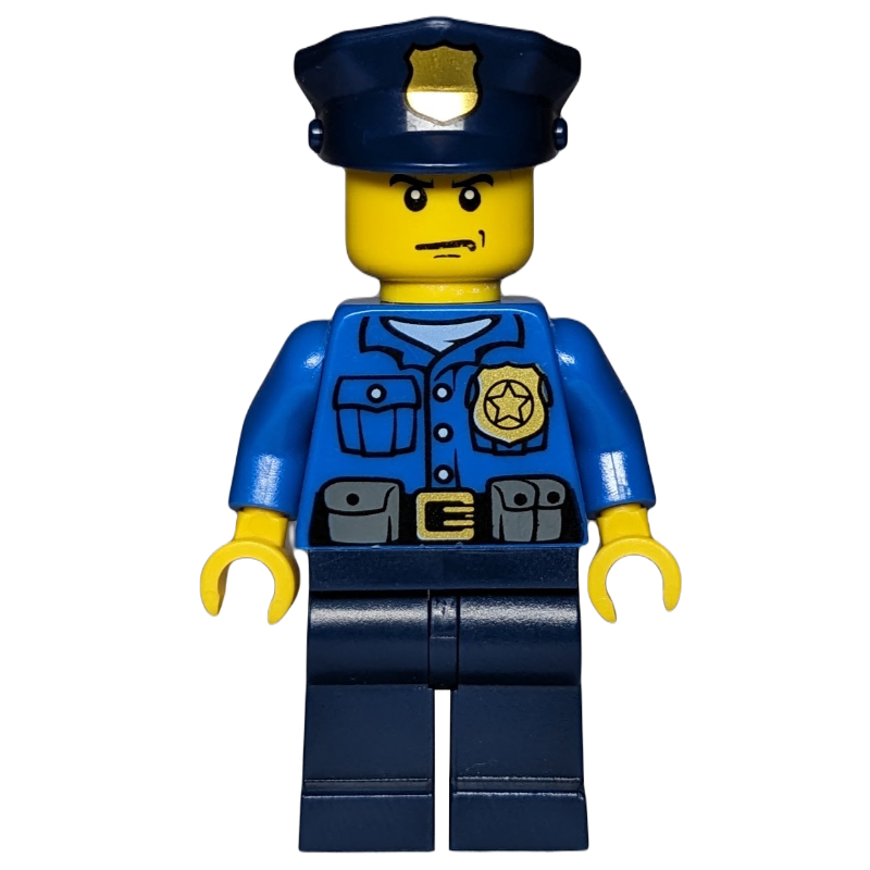 Policier, chemise bleue avec badge et pochettes, jambes bleu foncé, chapeau de police bleu foncé avec badge, air sévère (Policeman, Blue Shirt with Badge and Pouches, Dark Blue Legs, Dark Blue Police Hat with Badge, Stern)
