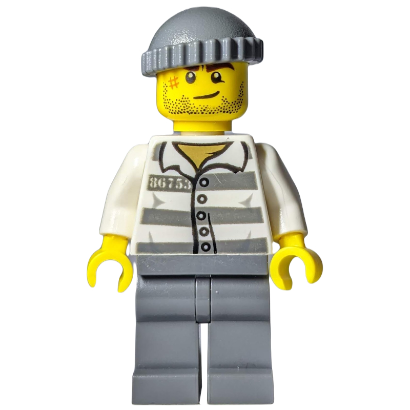 Bandit, chemise de prison avec #86753, jambes gris bleuté foncé, chapeau gris bleuté foncé, barbe naissante et cicatrice (Criminal, Prison Shirt with #86753, Dark Bluish Gray Legs, Dark Bluish Gray Hat, Stubble and Scar)