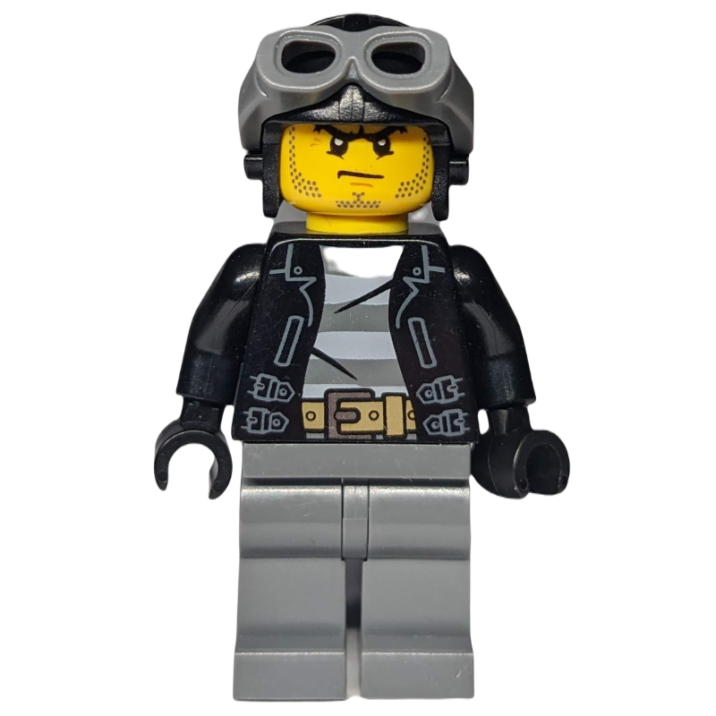 Bandit, veste noire ouverte sur la chemise de prison, jambes gris bleuté foncé, chapeau noir avec lunettes (Criminal, Open Black Jacket over Prison Shirt, Dark Bluish Grey Legs, Black Hat with Goggles)