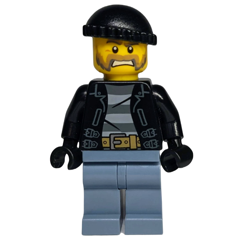 Bandit, veste noire ouverte sur la chemise de prison, jambes bleu sable, chapeau noir, barbe (Criminal, Open Black Jacket over Prison Shirt, Sand Blue Legs, Black Hat, Beard)