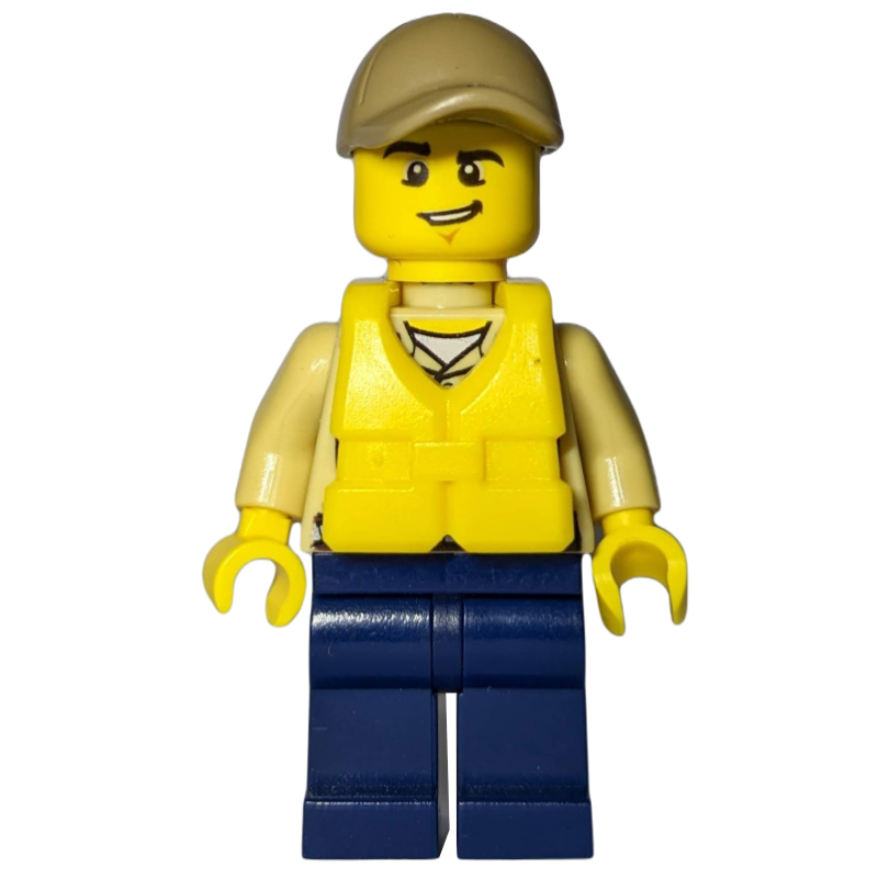 Police des marais / ranger, chemise beige avec badge et radio, jambes bleu foncé, casquette beige foncé, gilet de sauvetage jaune (Swamp Police / Ranger, Tan Shirt with Badge and Radio, Dark Blue Legs, Dark Tan Cap, Yellow Life Vest)