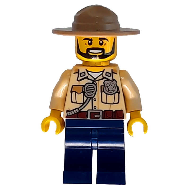 Police des marais / ranger, chemise beige avec badge et radio, jambes bleu foncé, chapeau de campagne beige foncé, barbe (Swamp Police / Ranger, Tan Shirt with Badge and Radio, Dark Blue Legs, Dark Tan Campaign Hat, Beard)