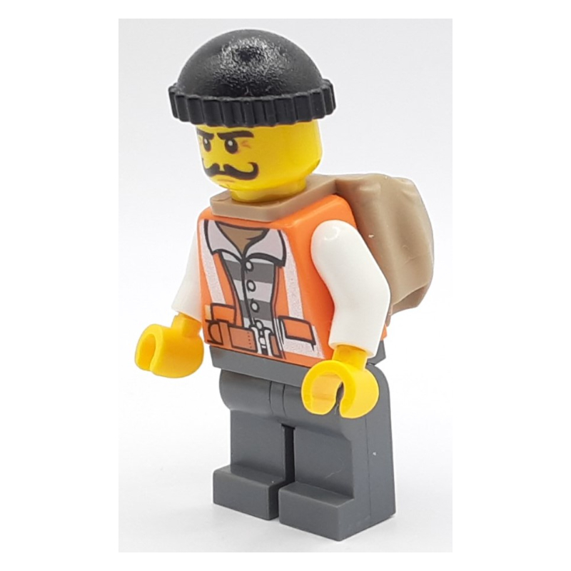 Bandit, gilet de sécurité orange ouvert sur la chemise de prison, chapeau noir, moustache (Criminal, Open Orange Safety Vest Over Prison Shirt, Black Hat, Moustache)