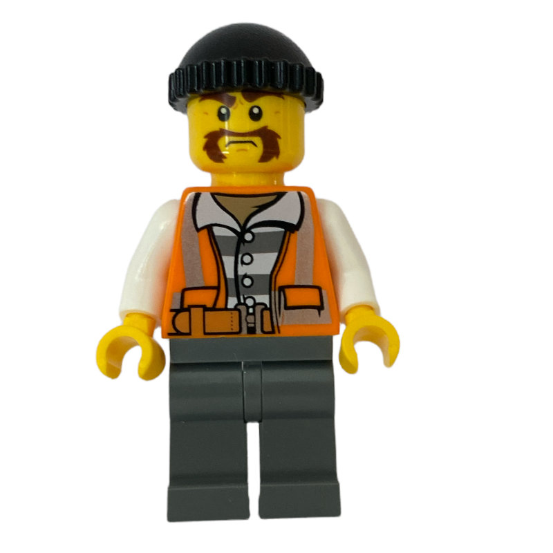 Bandit, gilet de sécurité orange ouvert sur la chemise de prison, chapeau noir, moustache touffue (Criminal, Open Orange Safety Vest Over Prison Shirt, Black Hat, Bushy Moustache)