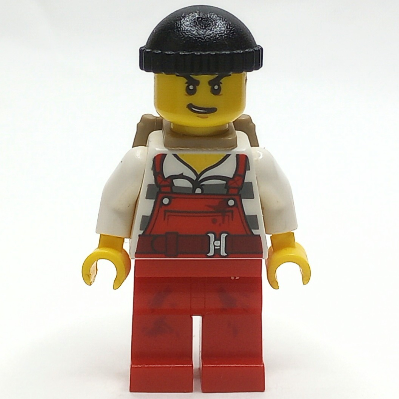 Criminel joe frankfurter, salopette rouge sur la chemise de prison, chapeau noir, sac à dos beige foncé (Criminal Joe Frankfurter, Red Overalls over Prison Shirt, Black Hat, Dark Tan Backpack)