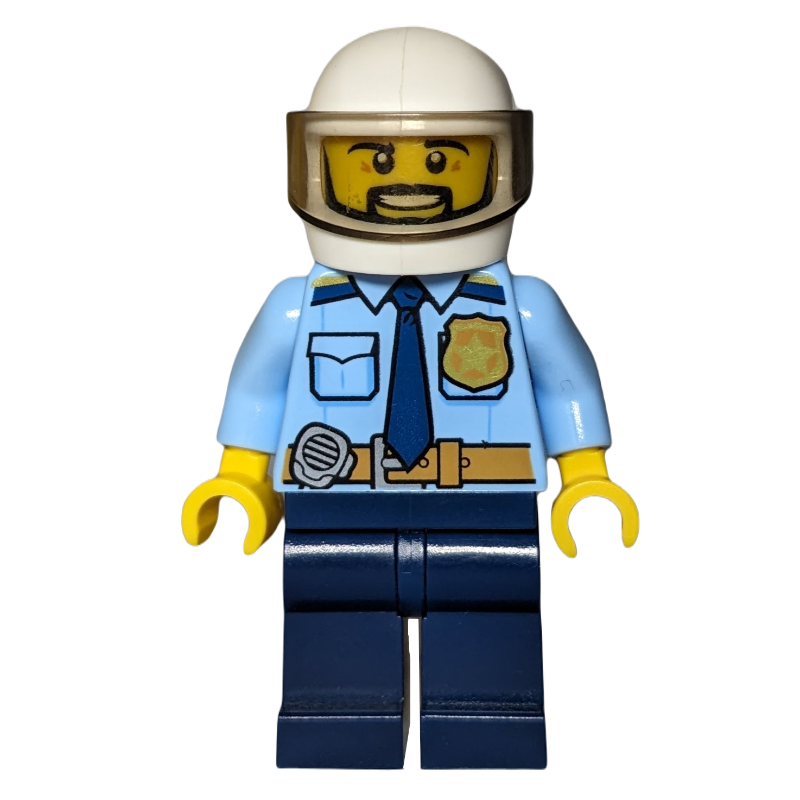 Policier, chemise bleu clair lumineux avec cravate bleu foncé, badge et radio à la ceinture, casque blanc avec visière, barbe (Policeman, Bright Light Blue Shirt with Dark Blue Tie, Badge, and Radio on Belt, White Helmet with Visor, Beard)
