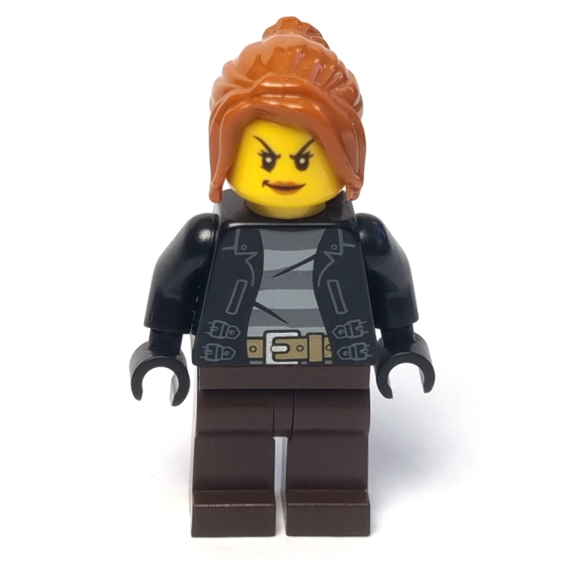 Bandit, femme, veste noire ouverte sur la chemise de prison, jambes brun foncé, cheveux orange foncé (Criminal, Woman, Open Black Jacket over Prison Shirt, Dark Brown Legs, Dark Orange Hair)