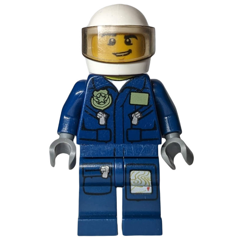 Policier, veste bleu foncé avec poches et badge, casque blanc avec visière, bouche ouverte (Policeman, Dark Blue Jacket with Pockets and Badge, White Helmet with Visor, Open Mouth)