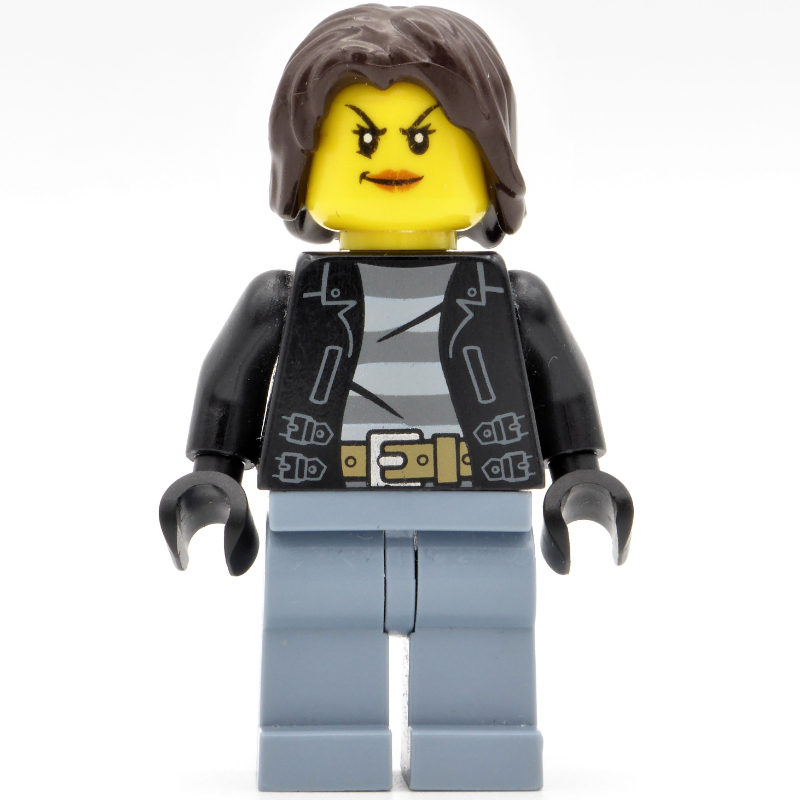 Criminel monica million, femme, veste noire ouverte sur la chemise de prison, cheveux brun foncé (Criminal Monica Million, Woman, Open Black Jacket over Prison Shirt, Dark Brown Hair)