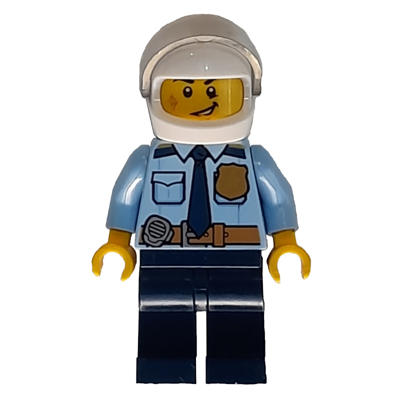 Policier, chemise bleu clair vif avec cravate bleu foncé, badge et radio à la ceinture, casque blanc avec visière, cicatrice (Policeman, Bright Light Blue Shirt with Dark Blue Tie, Badge, and Radio on Belt, White Helmet with Visor, Scar)