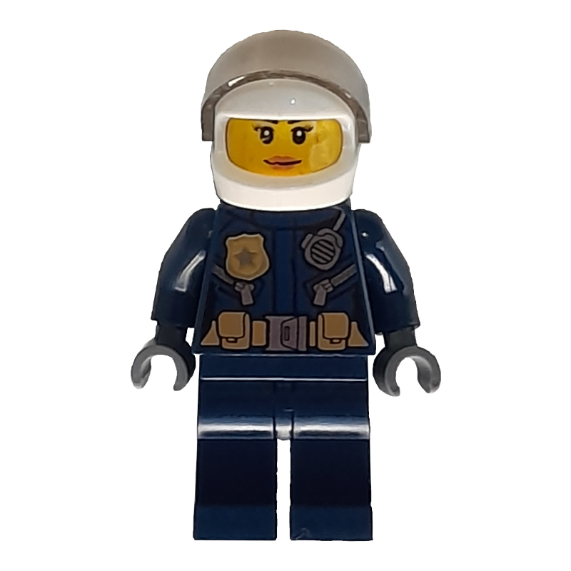 Policière, veste bleu foncé avec radio, badge et ceinture avec pochettes, casque blanc avec visière transparent-brun (Policewoman, Dark Blue Jacket with Radio, Badge, and Belt with Pouches, White Helmet with Trans-Brown Visor)