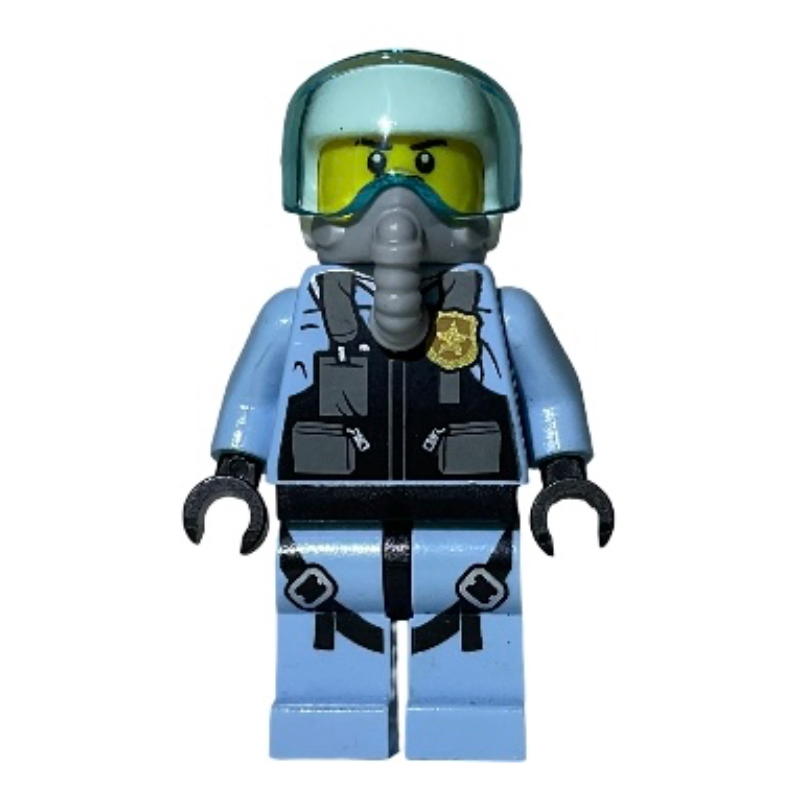 Policier, pilote, gilet noir avec badge et pochettes, casque blanc avec visière, appareil respiratoire (Policeman, Pilot, Black Vest with Badge and Pouches, White Helmet with Visor, Breathing Apparatus)