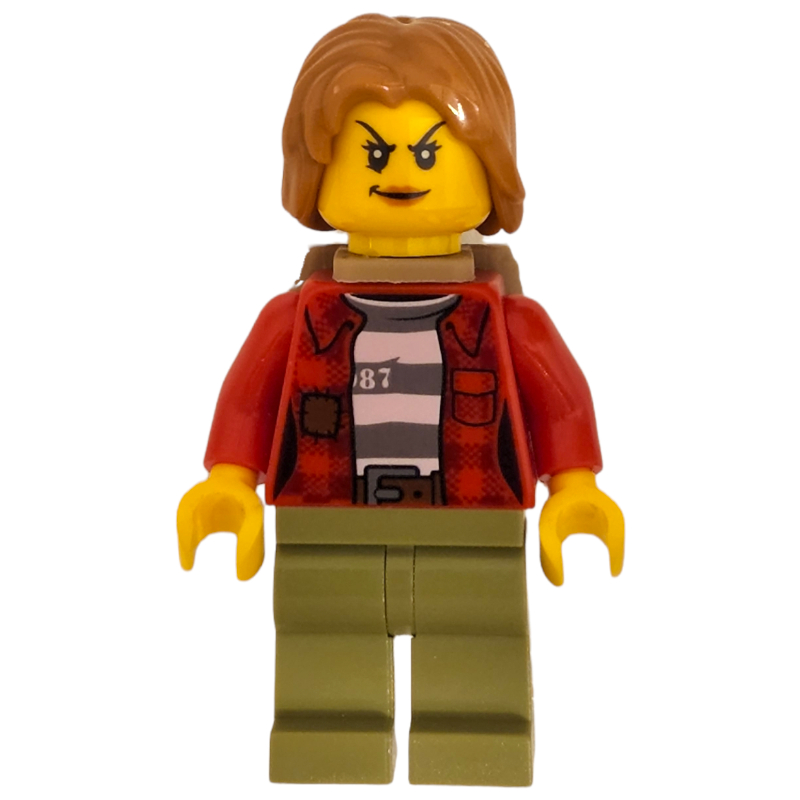 Bandit, femme, chemise ouverte de flanelle rouge sur la chemise de prison, cheveux nougat moyen, sac à dos (Criminal, Woman, Open Red Flannel Shirt over Prison Shirt, Medium Nougat Hair, Backpack)
