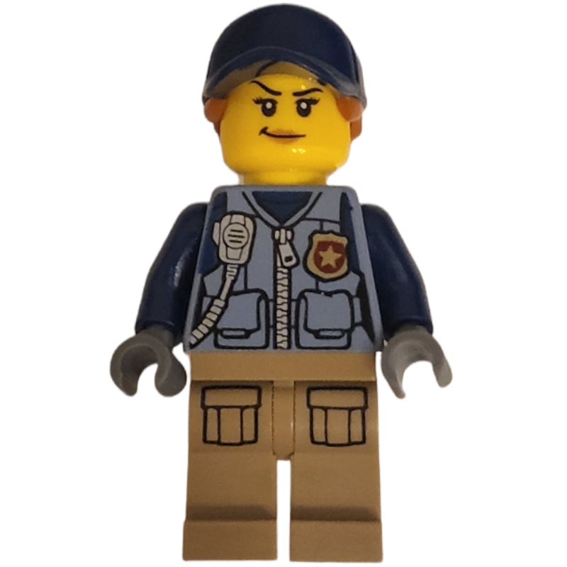 Policière, gilet bleu sable avec fermeture à glissière, radio, badge et pochettes, jambes beiges, casquette bleu foncé avec cheveux (Policewoman, Sand Blue Vest with Zipper, Radio, Badge and Pouches, Tan Legs, Dark Blue Cap with Hair)