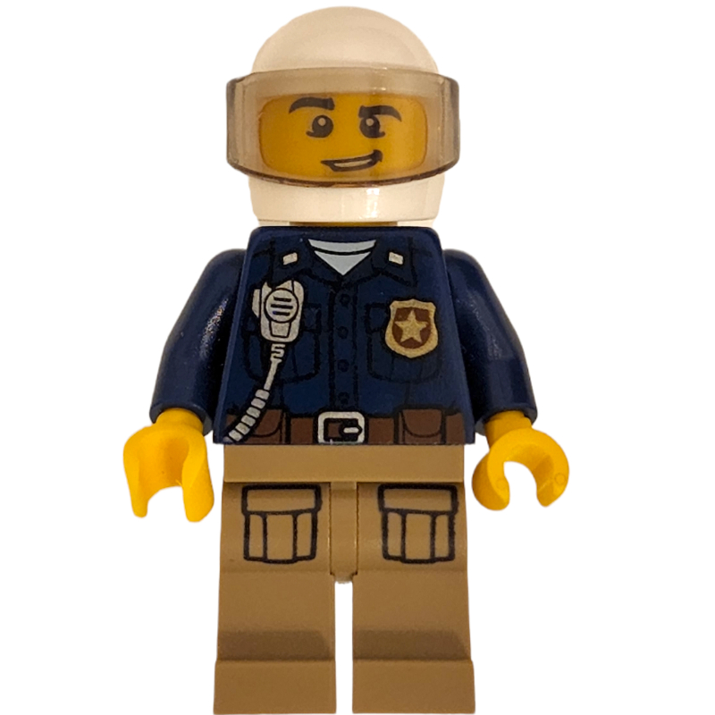 Policier, chemise bleu foncé avec radio et badge, jambes beige foncé, casque blanc avec visière (Policeman, Dark Blue Shirt with Radio and Badge, Dark Tan Legs, White Helmet with Visor)