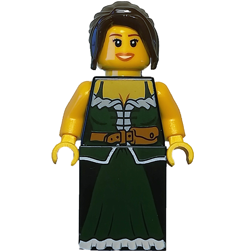 Barmaid - torse vert foncé, pente gris bleuté foncé pour les jambes, cheveux brun foncé (Barmaid - Dark Green Torso, Dark Bluish Grey Slope for Legs, Dark Brown Hair)