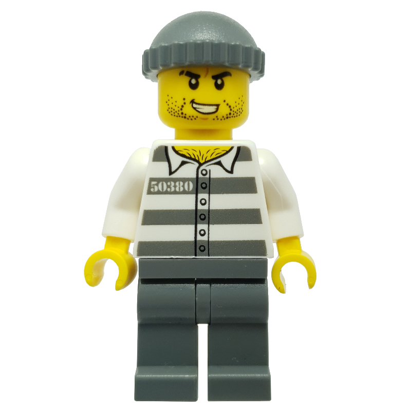 Bandit, chemise de prison avec #50380, jambes gris bleuté foncé, chapeau gris bleuté foncé, barbe naissante (Criminal, Prison Shirt with #50380, Dark Bluish Gray Legs, Dark Bluish Gray Hat, Stubble)