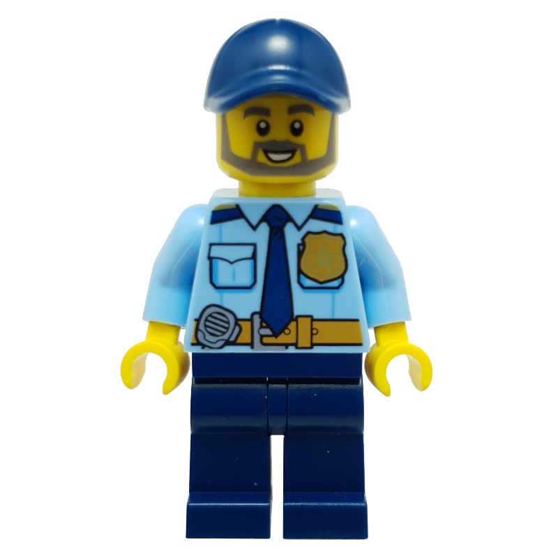 Policier, chemise bleu clair vif avec cravate bleu foncé, badge et radio à la ceinture, casquette bleu foncé, barbe (Policeman, Bright Light Blue Shirt with Dark Blue Tie, Badge, and Radio on Belt, Dark Blue Cap, Beard)