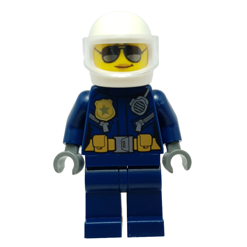 Policière, veste bleu foncé avec radio, badge et ceinture avec pochettes, casque blanc avec visière transparente, lunettes de soleil (Policewoman, Dark Blue Jacket with Radio, Badge, and Belt with Pouches, White Helmet with Trans-Clear Visor, Sunglasses)