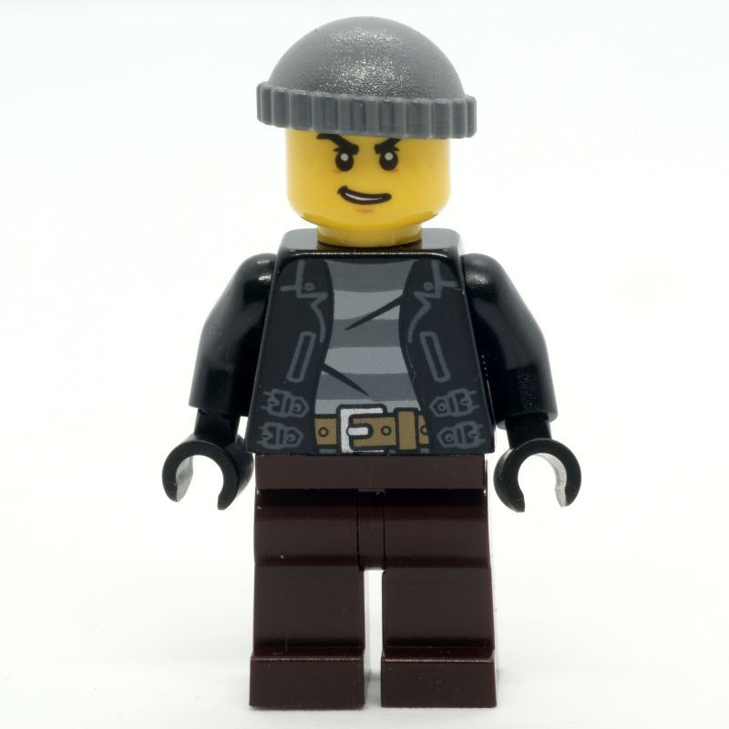 Bandit, veste noire ouverte sur la chemise de prison, jambes brun foncé, chapeau gris bleuté foncé (Criminal, Open Black Jacket over Prison Shirt, Dark Brown Legs, Dark Bluish Gray Hat)