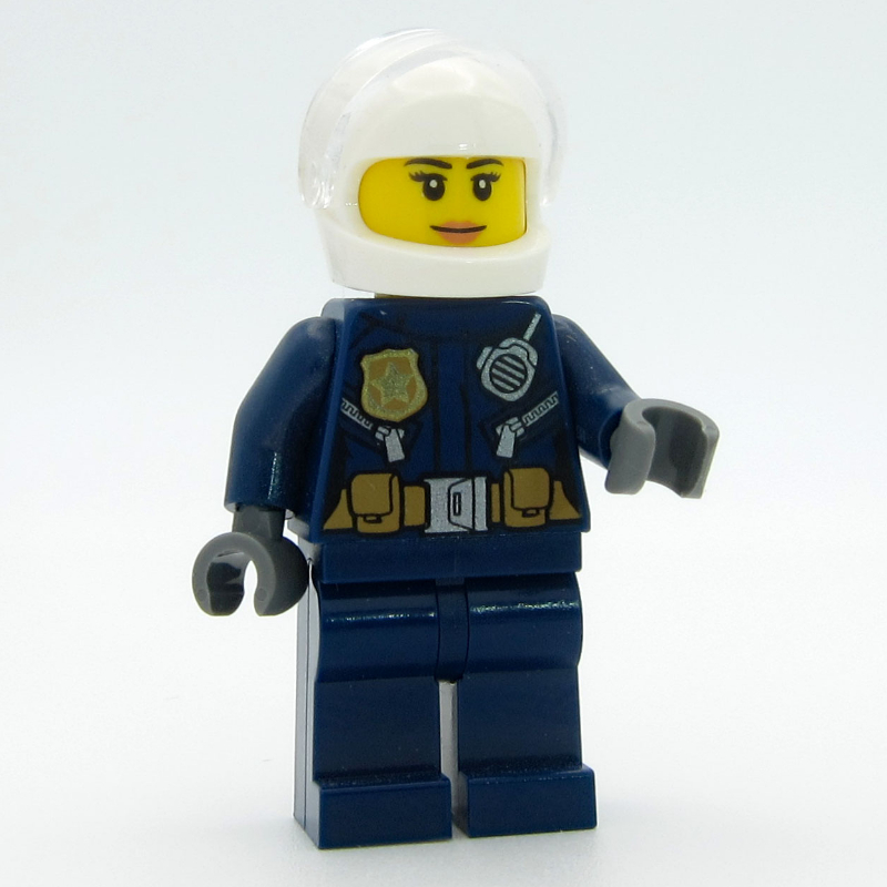 Policière, veste bleu foncé avec radio, badge et ceinture avec pochettes, casque blanc avec visière transparente (Policewoman, Dark Blue Jacket with Radio, Badge, and Belt with Pouches, White Helmet with Trans-Clear Visor)