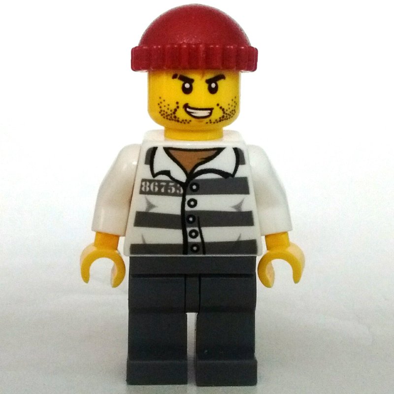 Bandit, chemise de prison avec #86753, jambes gris bleuté foncé, chapeau rouge foncé (Criminal, Prison Shirt with #86753, Dark Bluish Gray Legs, Dark Red Hat)