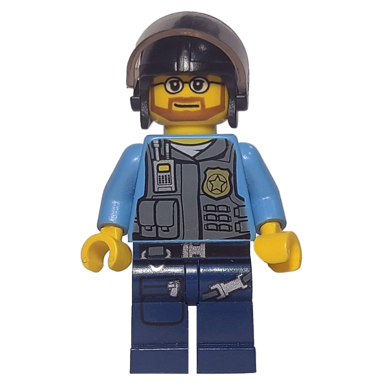 Policier, gilet gris bleuté foncé avec radio, badge et pochettes sur chemise bleu moyen, casque noir avec visière, barbe et lunettes (Policeman, Dark Bluish Gray Vest with Radio, Badge and Pouches over Medium Blue Shirt, Black Helmet with Visor, Beard and Glasses)